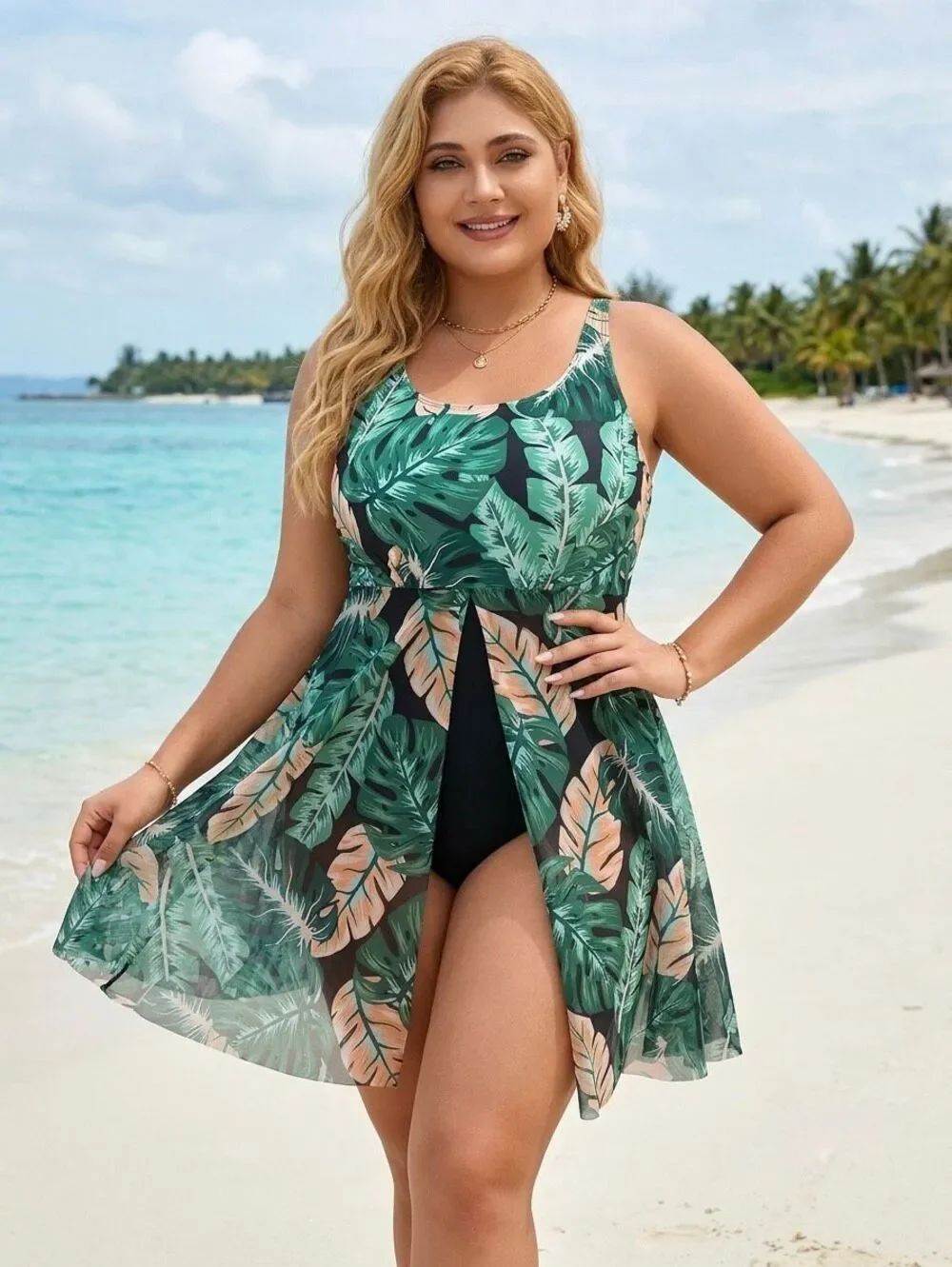 Women's Green Palm Leaf Swimdress Bathing Suit One Piece Swimsuit New